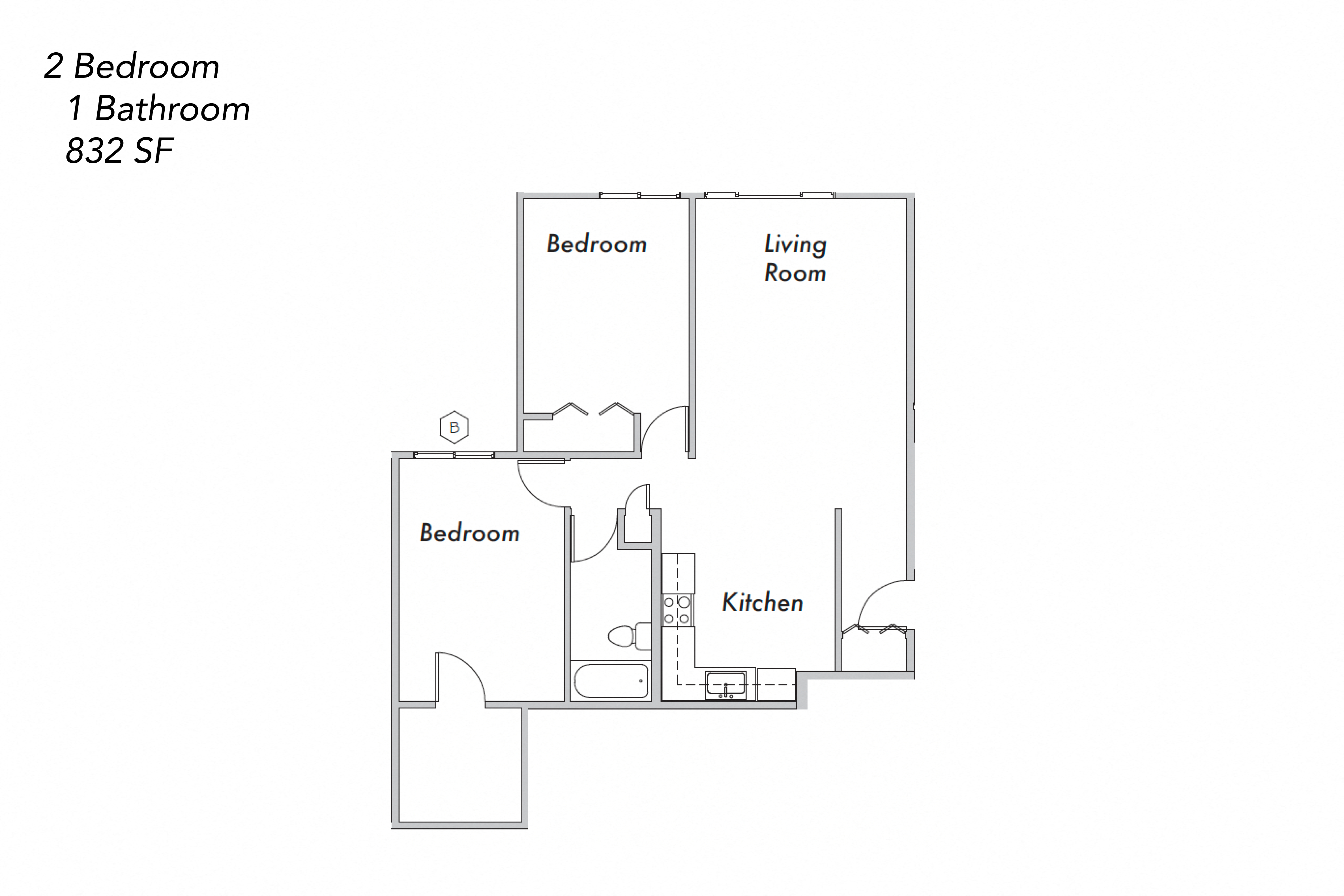 Floor plan for 2 beds, 1 bath, 832 sqft